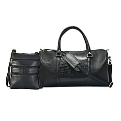 Set of 2 - 100% Leather Croco Embossed Luggage Duffle Bag with Crossbody Bag