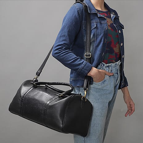 Set of 2 100% Leather Croco Embossed Luggage Duffle Bag with Crossbody Bag - Black