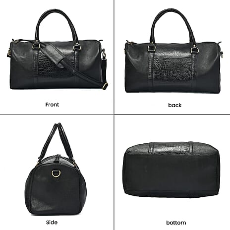 Set of 2 100% Leather Croco Embossed Luggage Duffle Bag with Crossbody Bag - Black