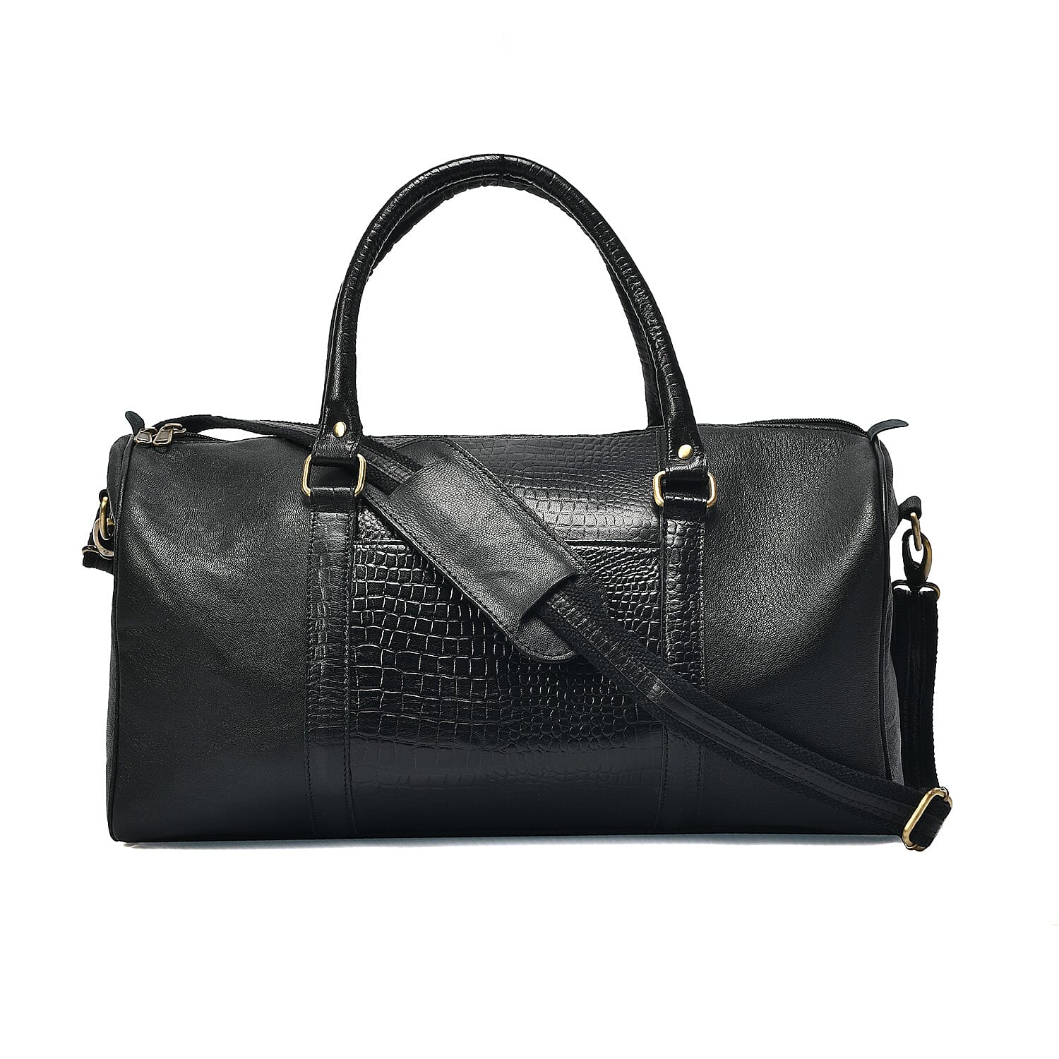 Set of 2 100% Leather Croco Embossed Luggage Duffle Bag with Crossbody Bag - Black Set of 2 100% Leather Croco Embossed Luggage Duffle Bag with Crossbody Bag - Black