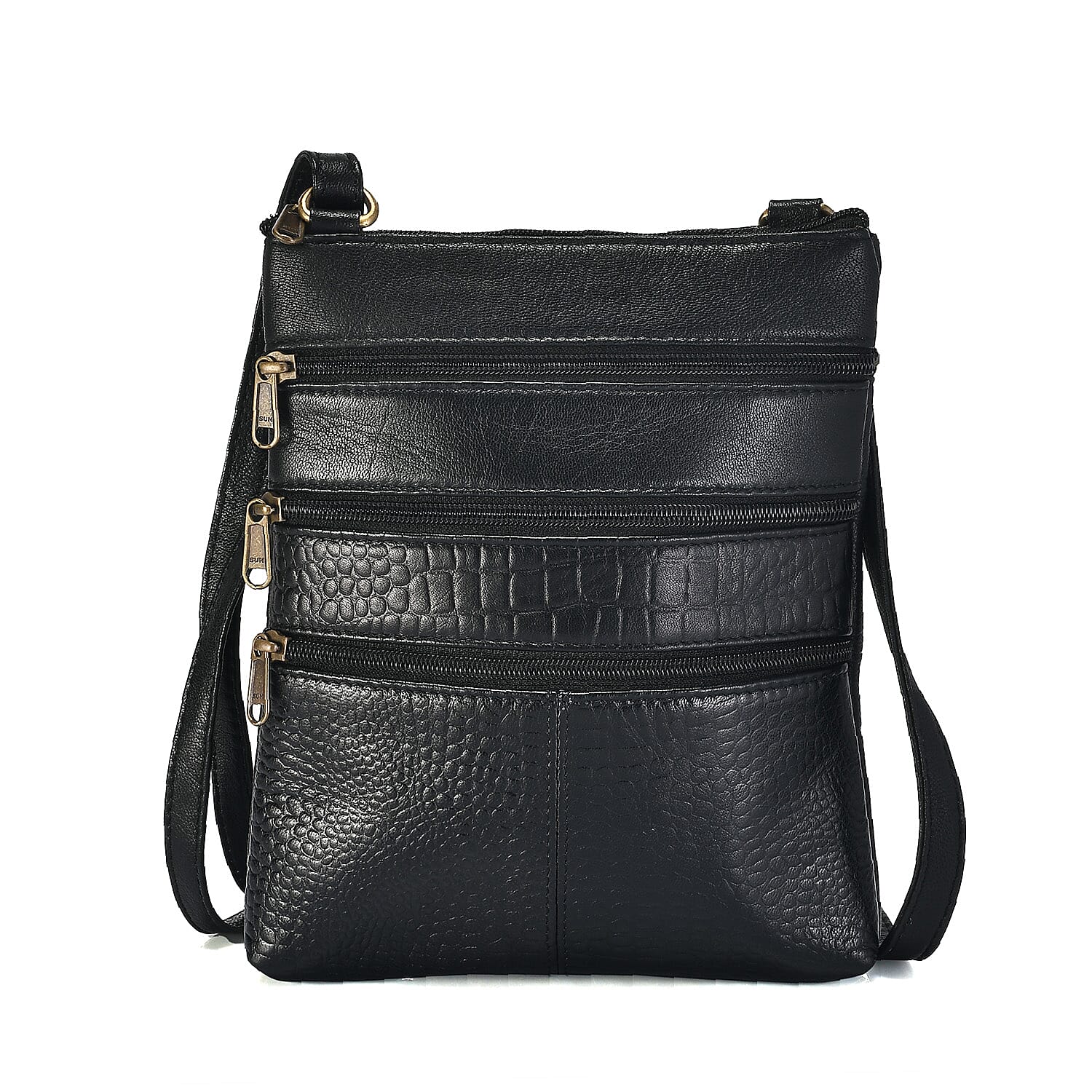 Set of 2 100% Leather Croco Embossed Luggage Duffle Bag with Crossbody Bag - Black Set of 2 100% Leather Croco Embossed Luggage Duffle Bag with Crossbody Bag - Black
