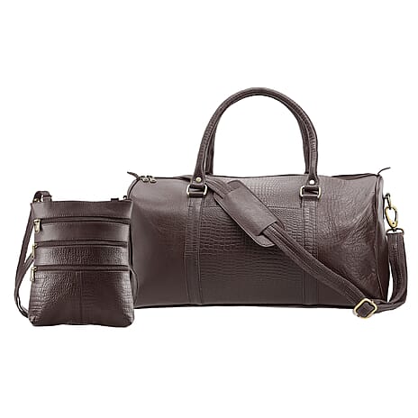 Set of 2 100% Leather Croco Embossed Luggage Duffle Bag with Crossbody Bag - Brown