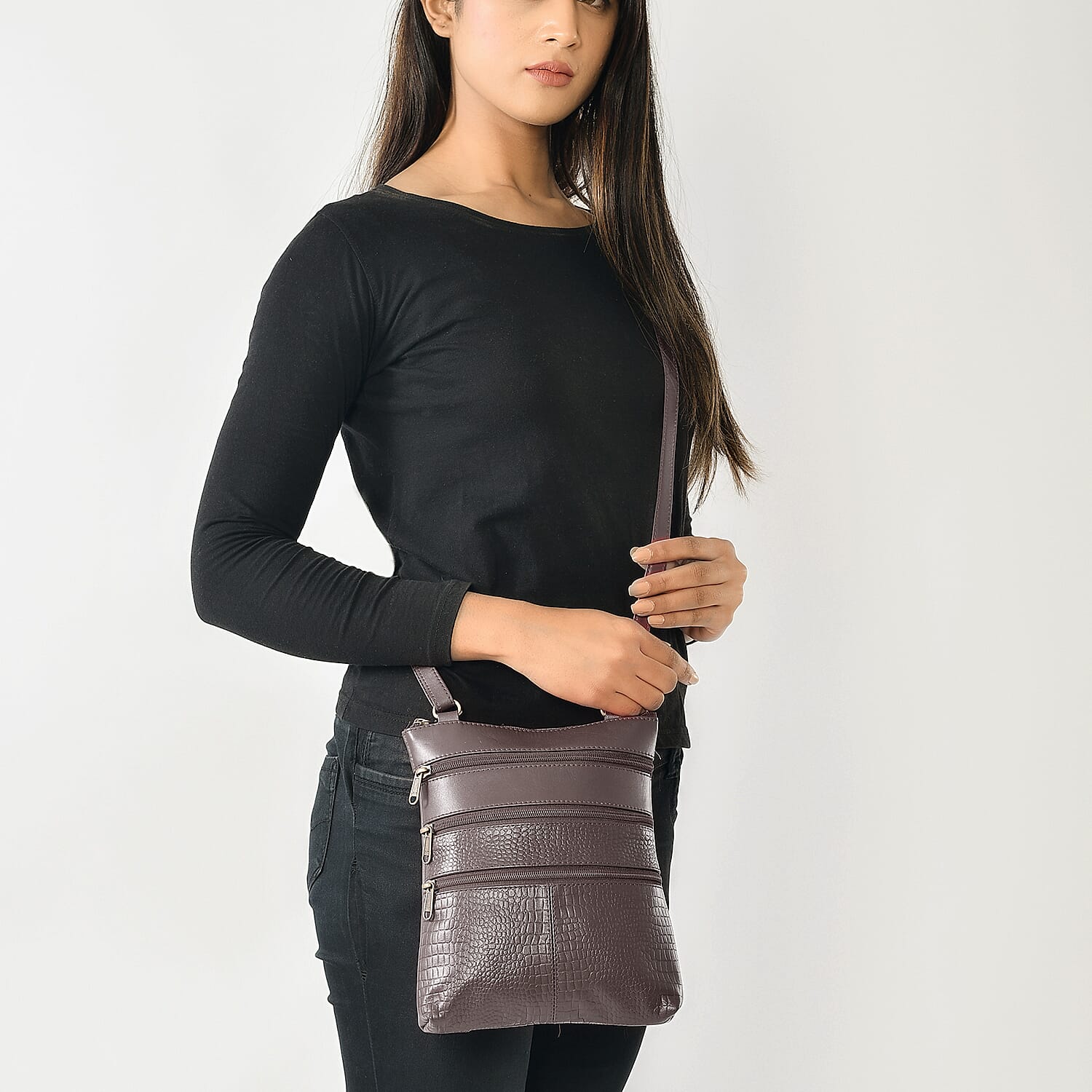 Set of 2 100% Leather Croco Embossed Luggage Duffle Bag with Crossbody Bag - Brown