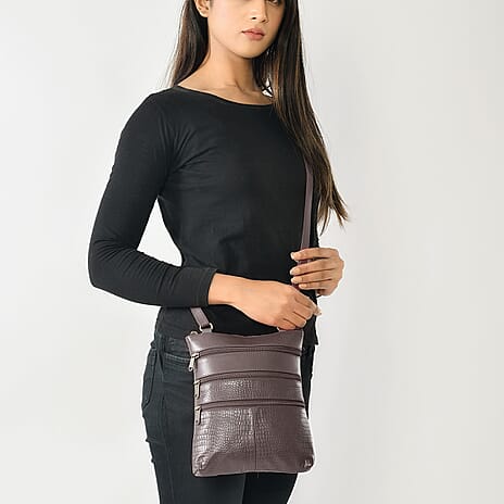 Set of 2 100% Leather Croco Embossed Luggage Duffle Bag with Crossbody Bag - Brown