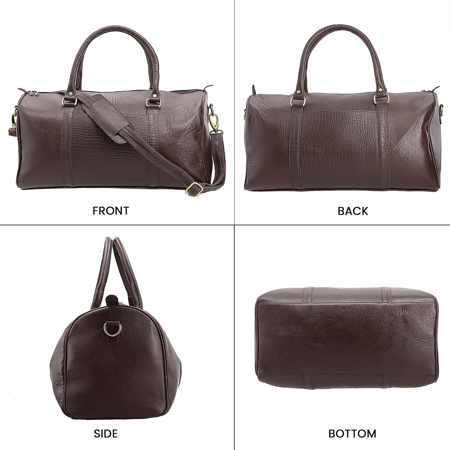 Set of 2 100% Leather Croco Embossed Luggage Duffle Bag with Crossbody Bag - Brown