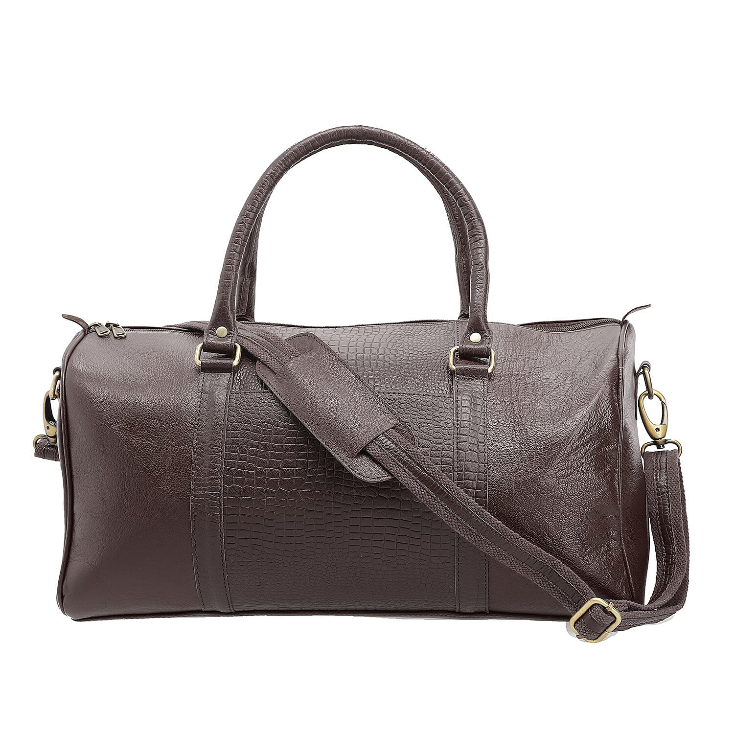 Set of 2 100% Leather Croco Embossed Luggage Duffle Bag with Crossbody Bag - Brown