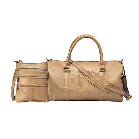 Set of 2 100% Leather Croc Embossed Luggage Duffle Bag with Crossbody Bag - Champagne