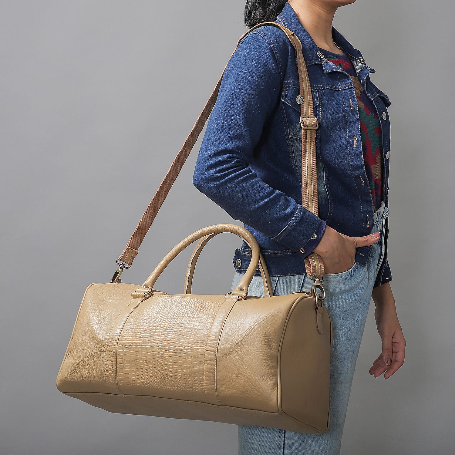 Set of 2 100% Leather Croc Embossed Luggage Duffle Bag with Crossbody Bag - Champagne