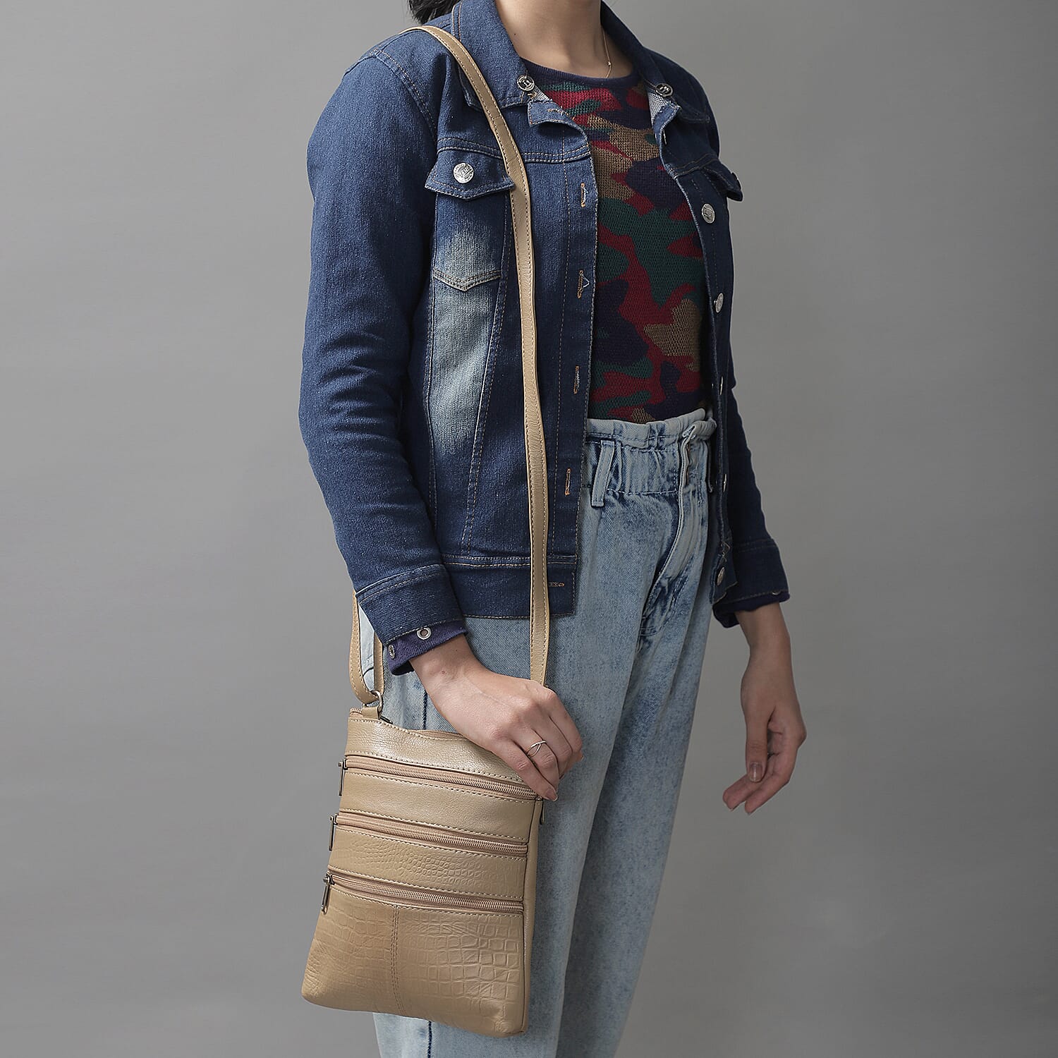 Set of 2 100% Leather Croc Embossed Luggage Duffle Bag with Crossbody Bag - Champagne