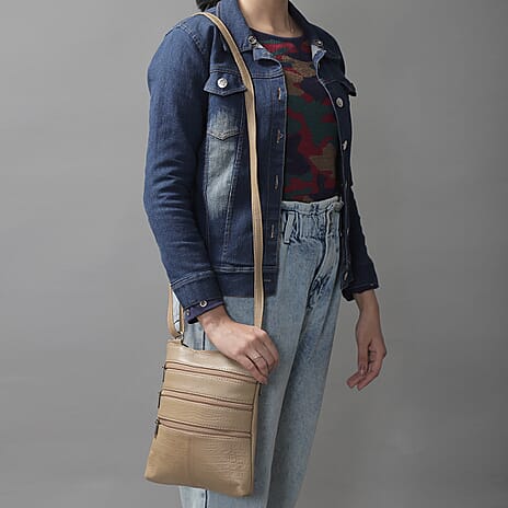 Set of 2 100% Leather Croc Embossed Luggage Duffle Bag with Crossbody Bag - Champagne