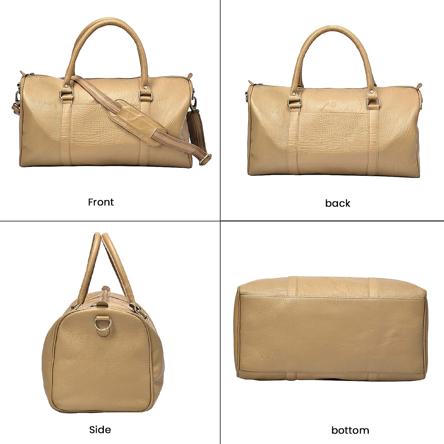 Set of 2 100% Leather Croc Embossed Luggage Duffle Bag with Crossbody Bag - Champagne