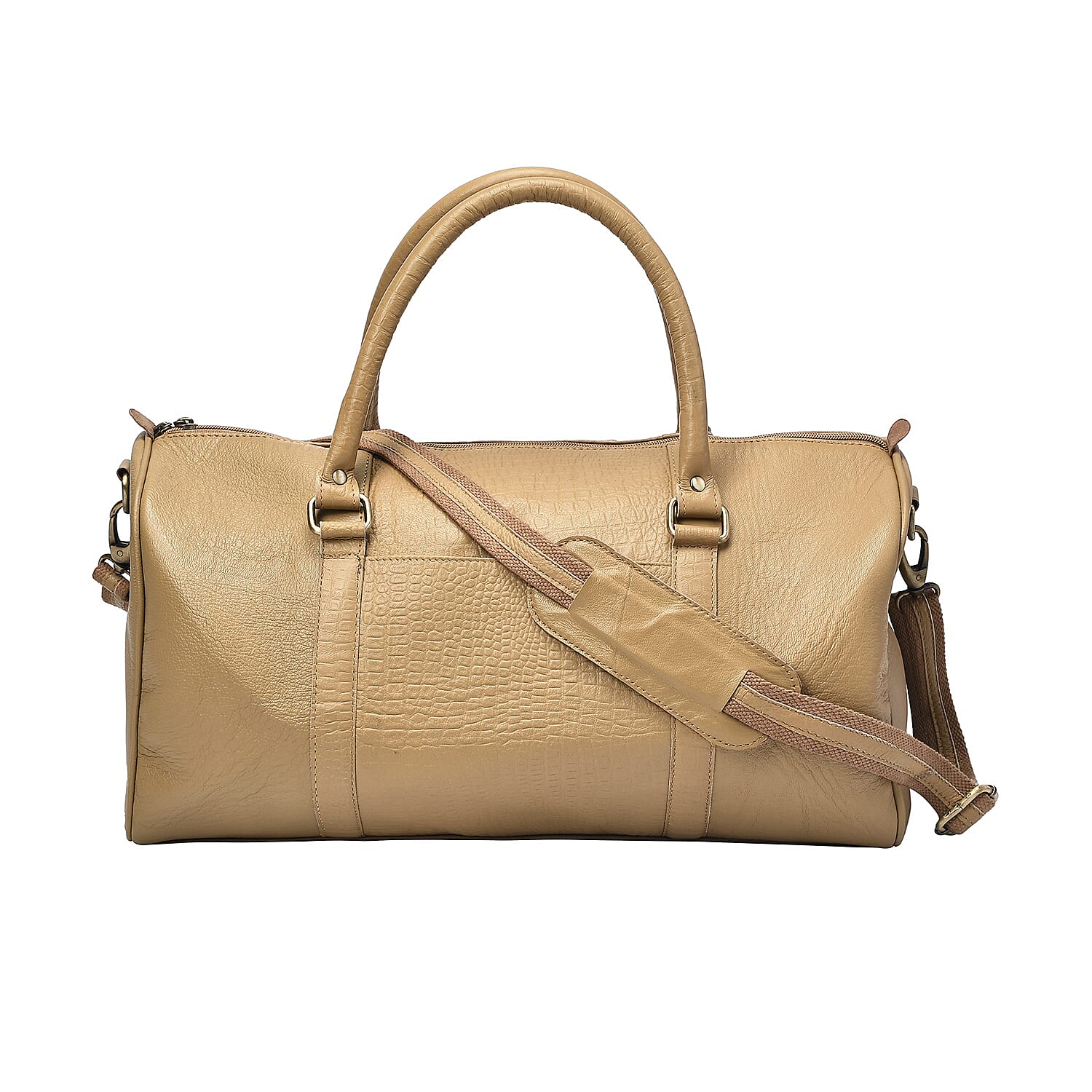 Set of 2 100% Leather Croc Embossed Luggage Duffle Bag with Crossbody Bag - Champagne