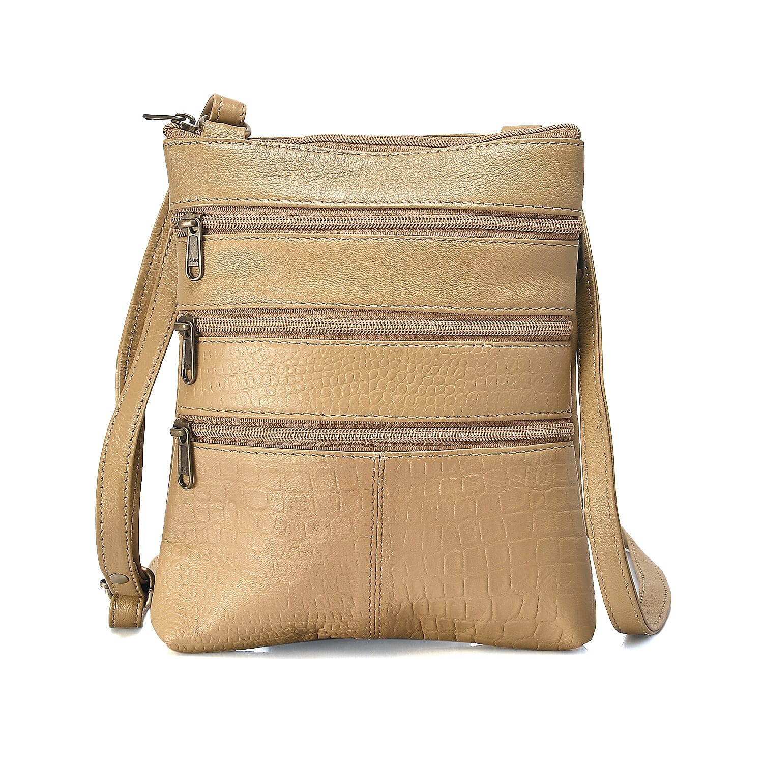 Set of 2 100% Leather Croc Embossed Luggage Duffle Bag with Crossbody Bag - Champagne