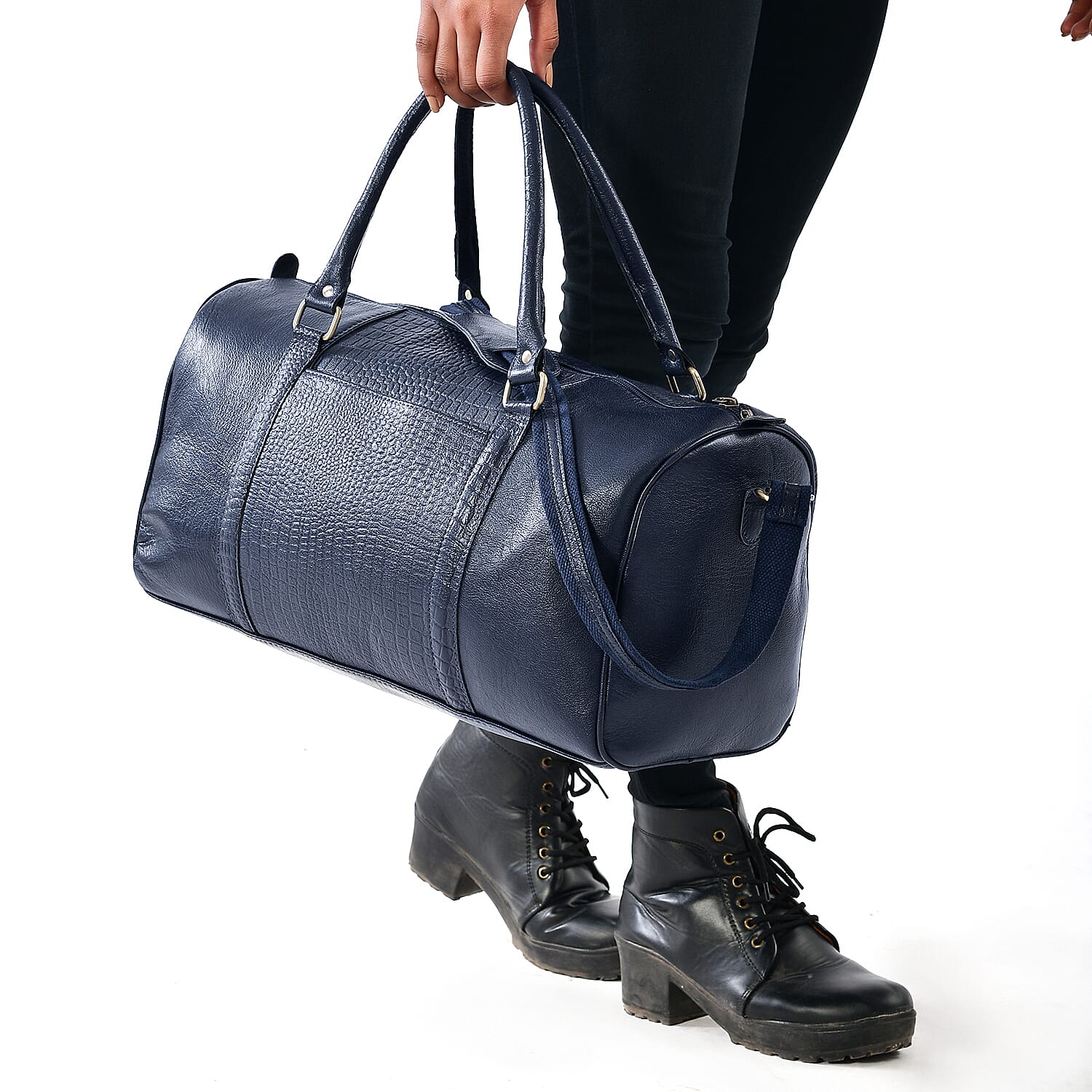 Set of 2 -100% Genuine Leather Croc Embossed Luggage Duffle with Croc Embossed Crossbody Bag - Navy