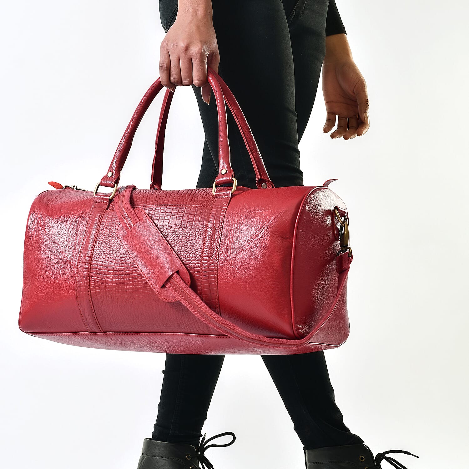 Set of 2 -100% Genuine Leather croco embossed luggage Duffle with croco embossed crossbody bag - Red