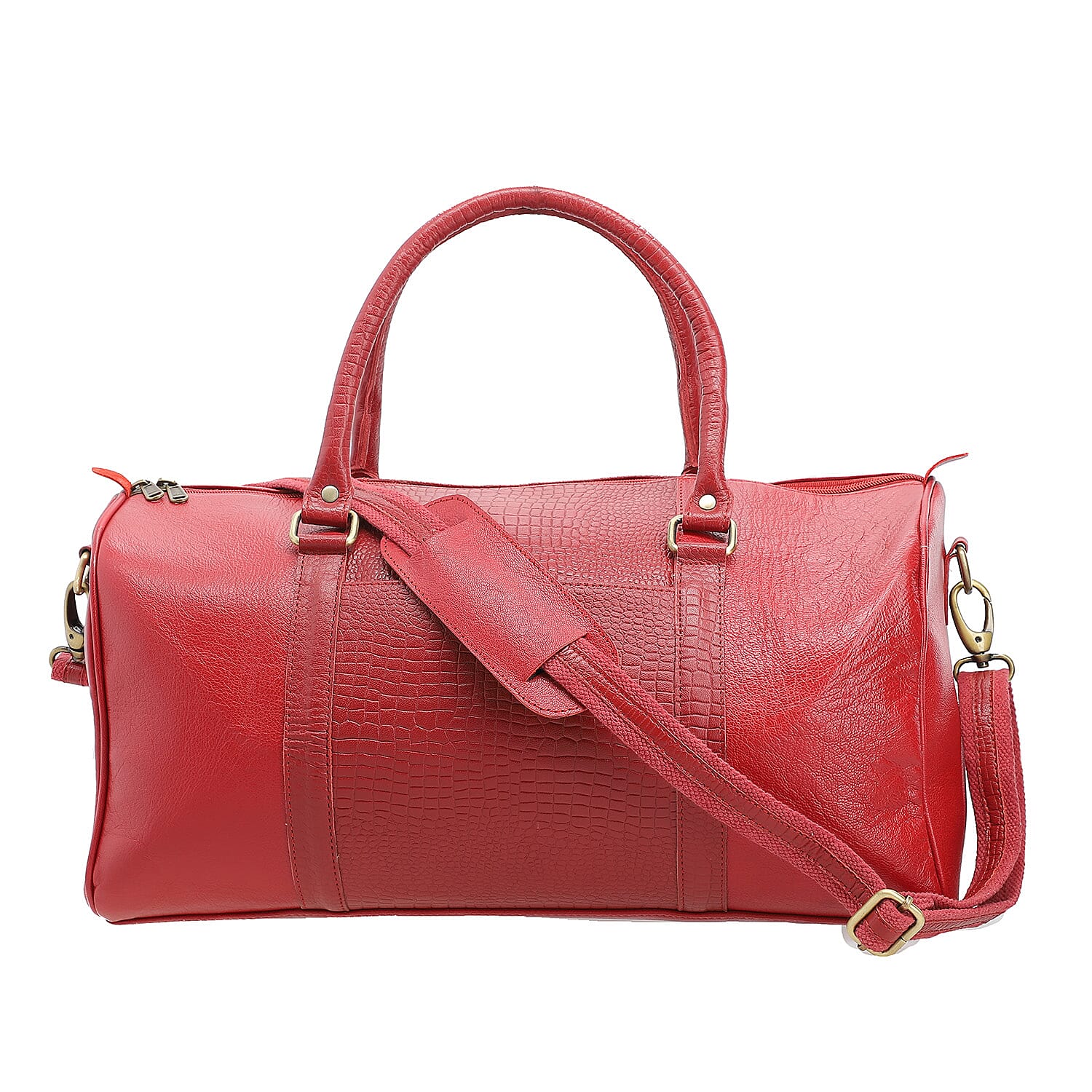 Set of 2 -100% Genuine Leather croco embossed luggage Duffle with croco embossed crossbody bag - Red