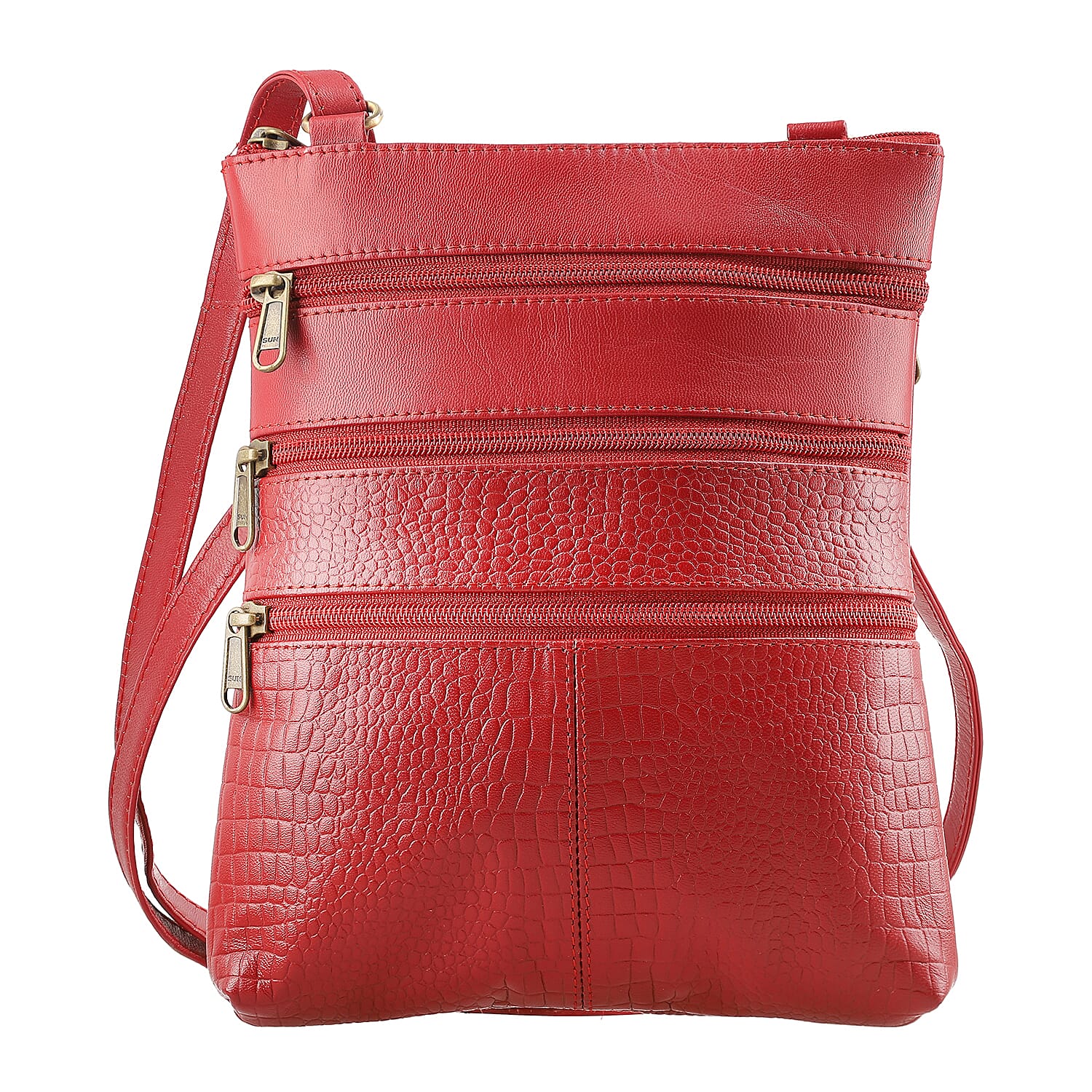 Set of 2 -100% Genuine Leather croco embossed luggage Duffle with croco embossed crossbody bag - Red