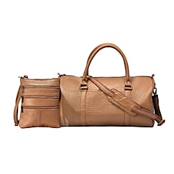 Set of 2 - 100% Leather Croco Embossed Luggage Duffle Bag with Crossbody Bag