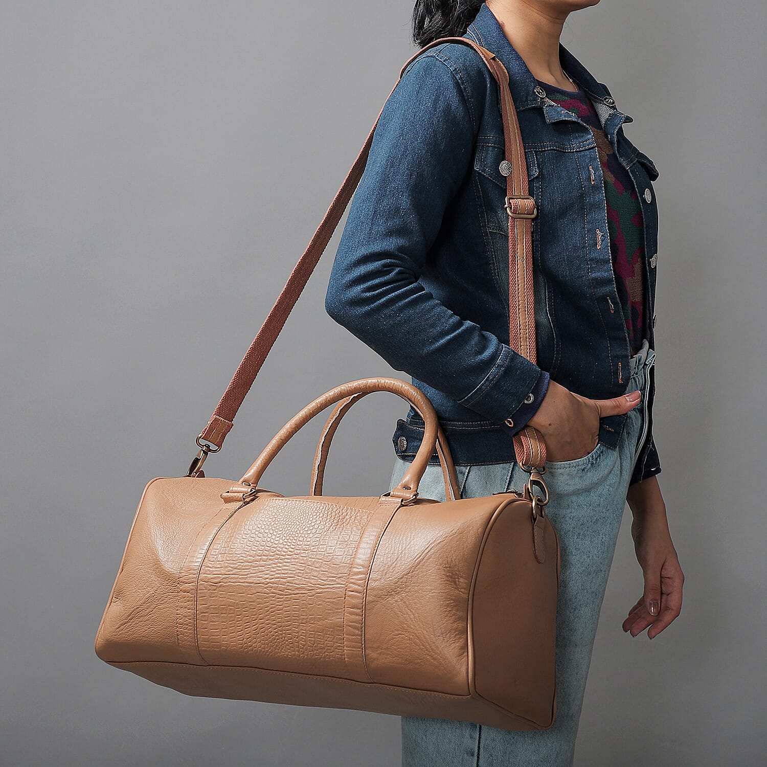 Set of 2 100% Leather Croco Embossed Luggage Duffle Bag with Crossbody Bag - Tan