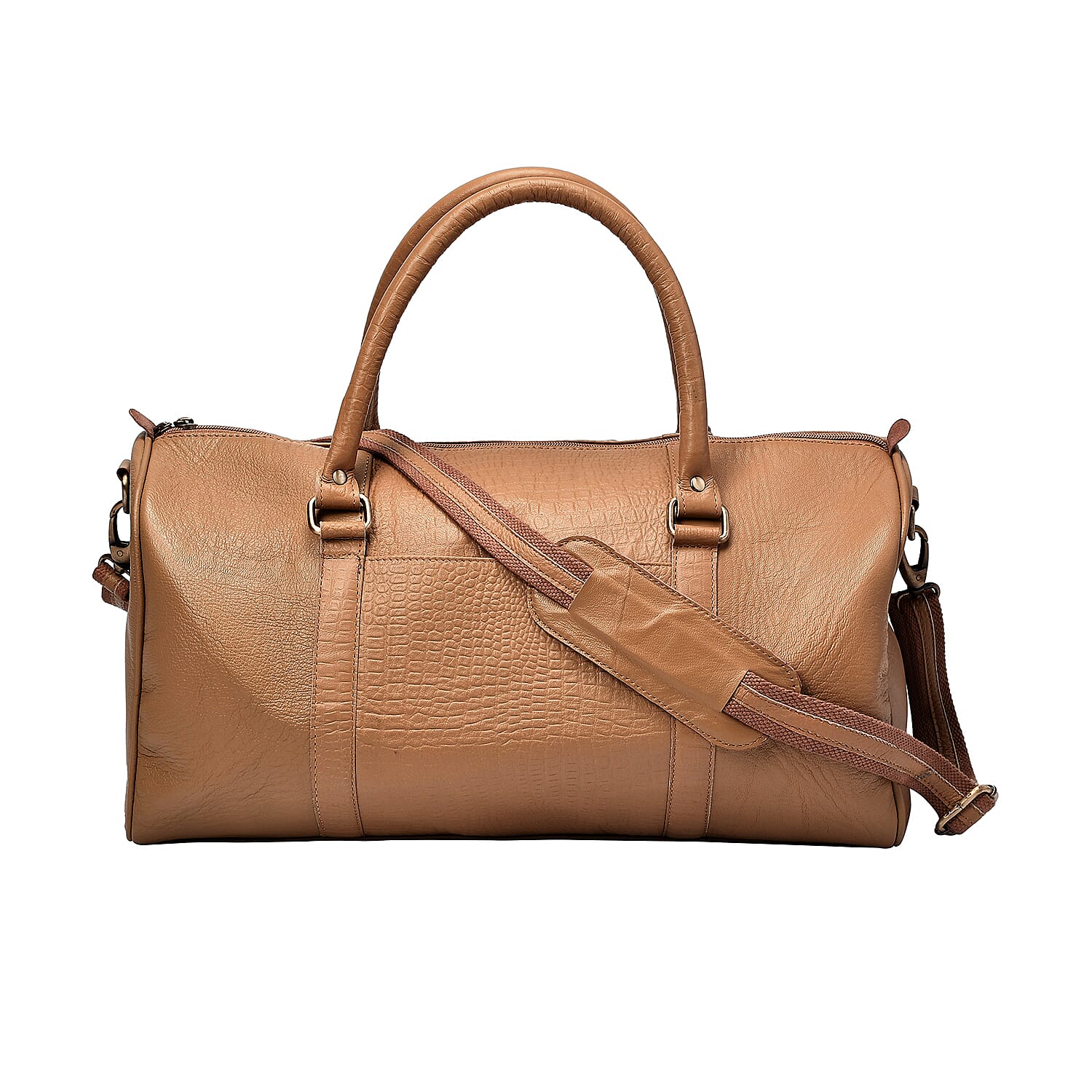 Set of 2 100% Leather Croco Embossed Luggage Duffle Bag with Crossbody Bag - Tan