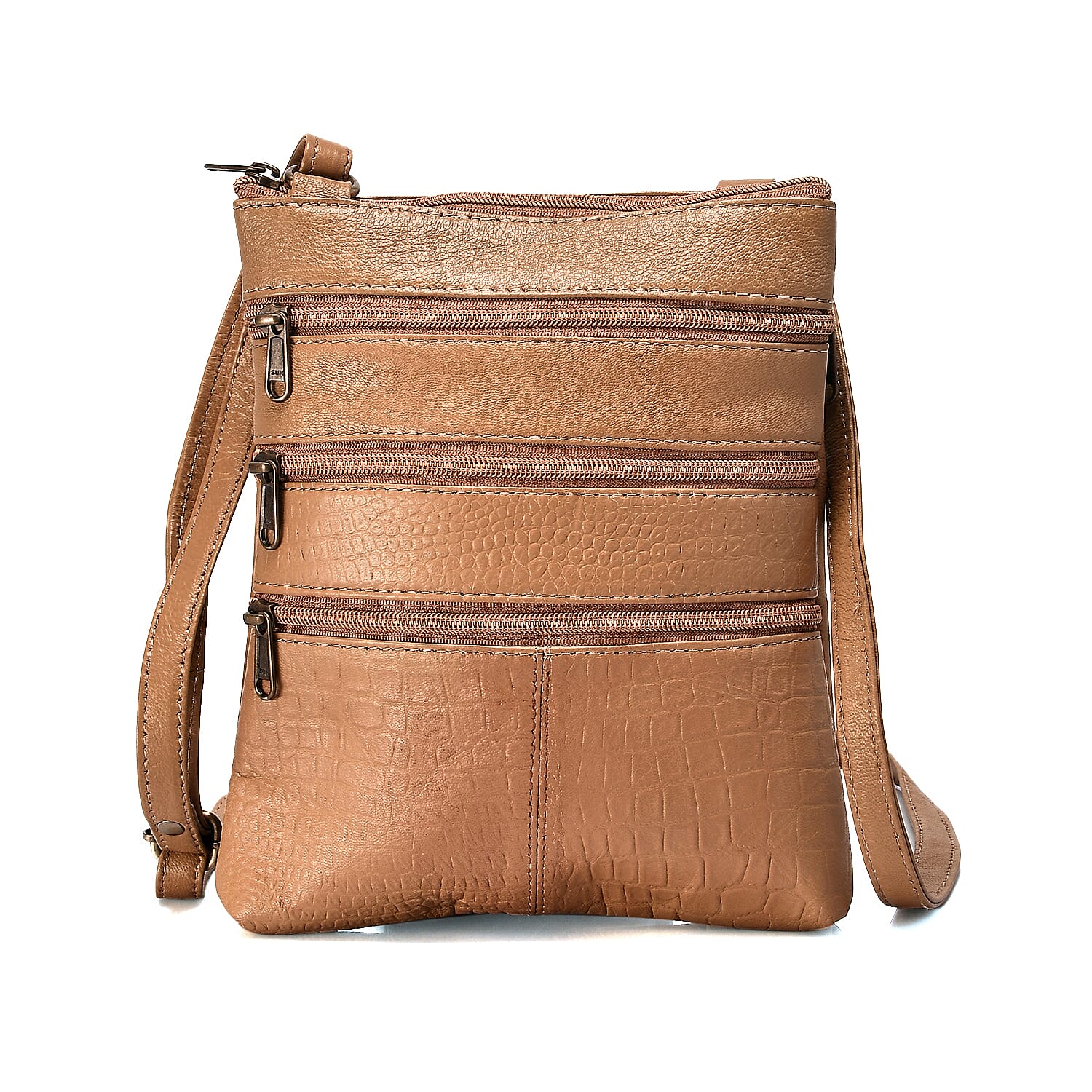 Set of 2 100% Leather Croco Embossed Luggage Duffle Bag with Crossbody Bag - Tan