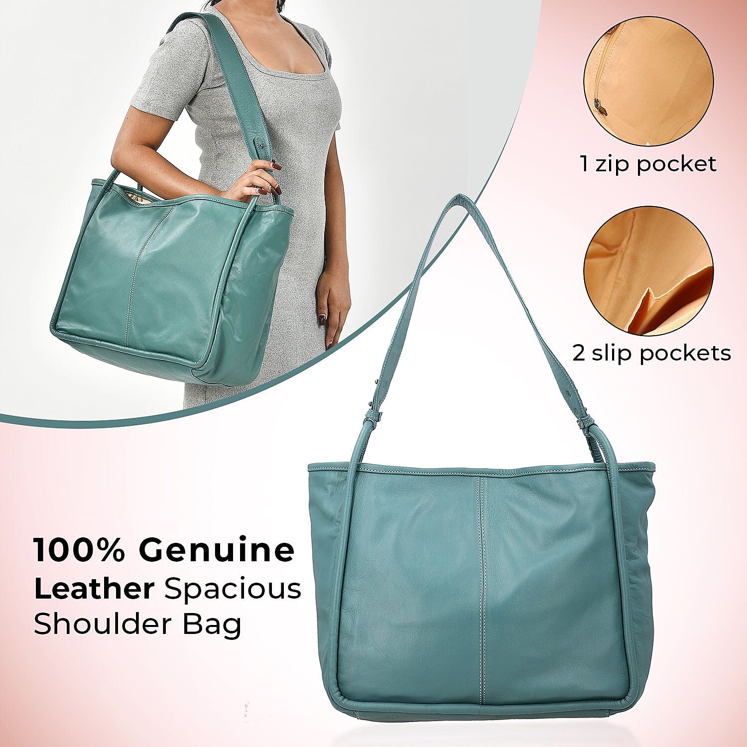 Leather Patterned Shoulder Bag (Size 36x17x30 cm) - Turquoise & Black