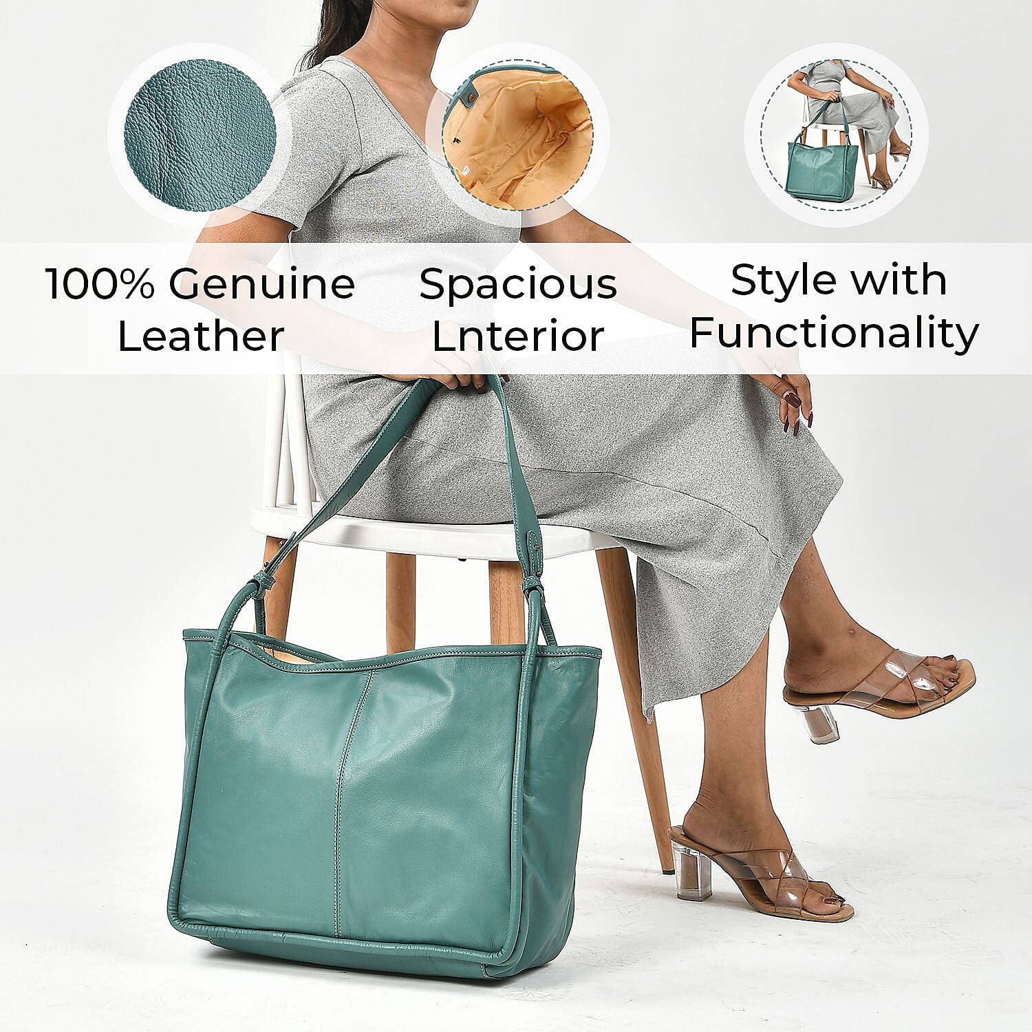 Leather Patterned Shoulder Bag (Size 36x17x30 cm) - Turquoise & Black