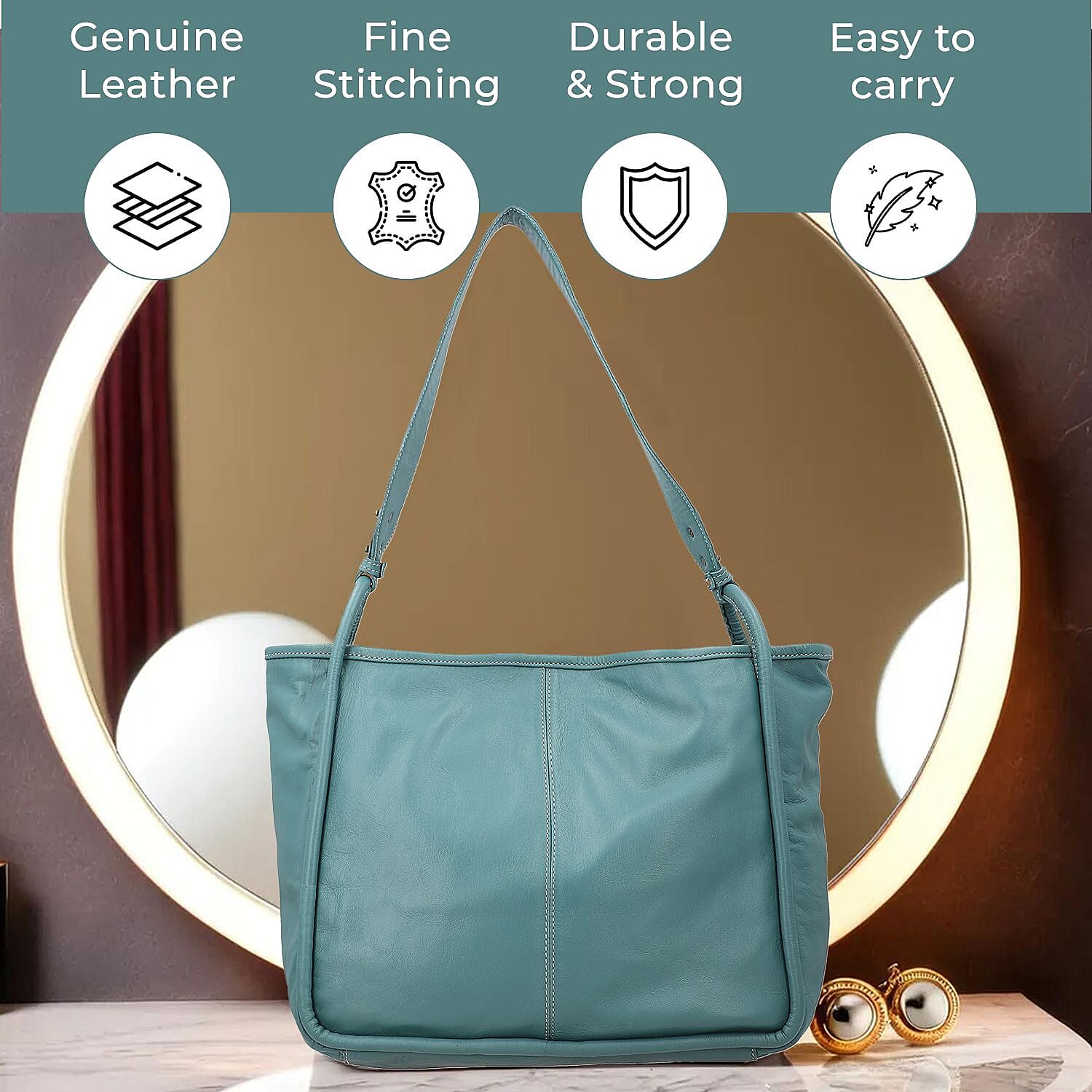 Leather Patterned Shoulder Bag (Size 36x17x30 cm) - Turquoise & Black