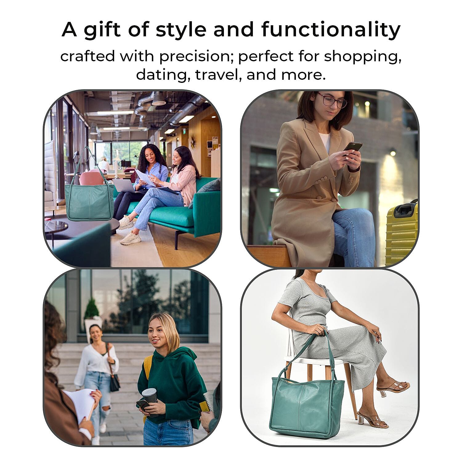 Leather Patterned Shoulder Bag (Size 36x17x30 cm) - Turquoise & Black