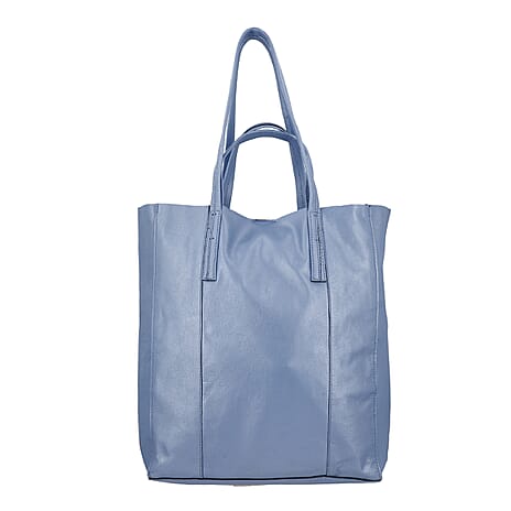 100% Genuine Leather Unlined Metallic Tote Bag - Blue