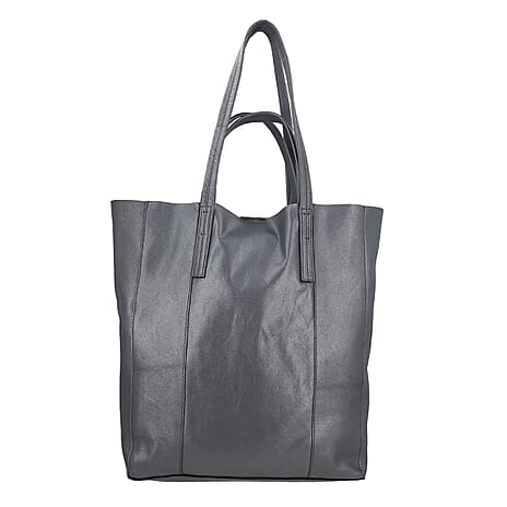 100% Genuine Leather Metalic Tote Bag With Handle Drop - Grey