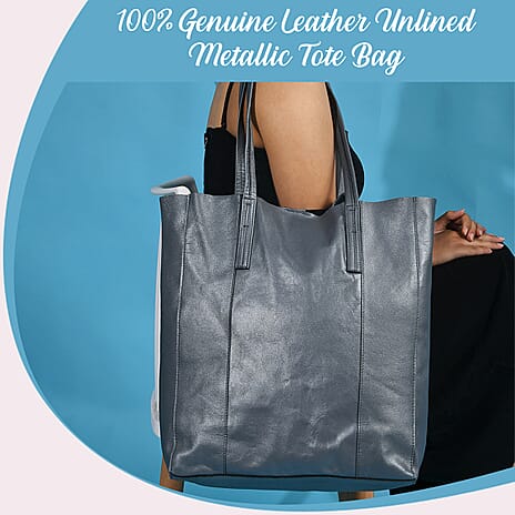 100% Genuine Leather Unlined Metallic Tote Bag - Grey