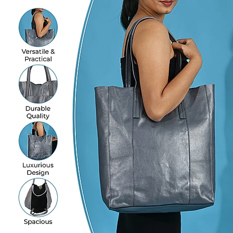 100% Genuine Leather Unlined Metallic Tote Bag - Grey