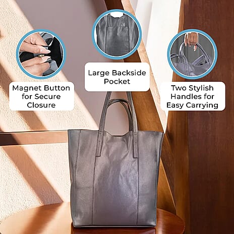 100% Genuine Leather Unlined Metallic Tote Bag - Grey