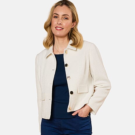 Emreco Classic Collar Cropped Boucle Jacket (Size 18) - Cream