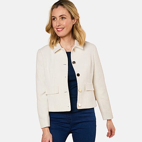 Emreco Classic Collar Cropped Boucle Jacket (Size 18) - Cream