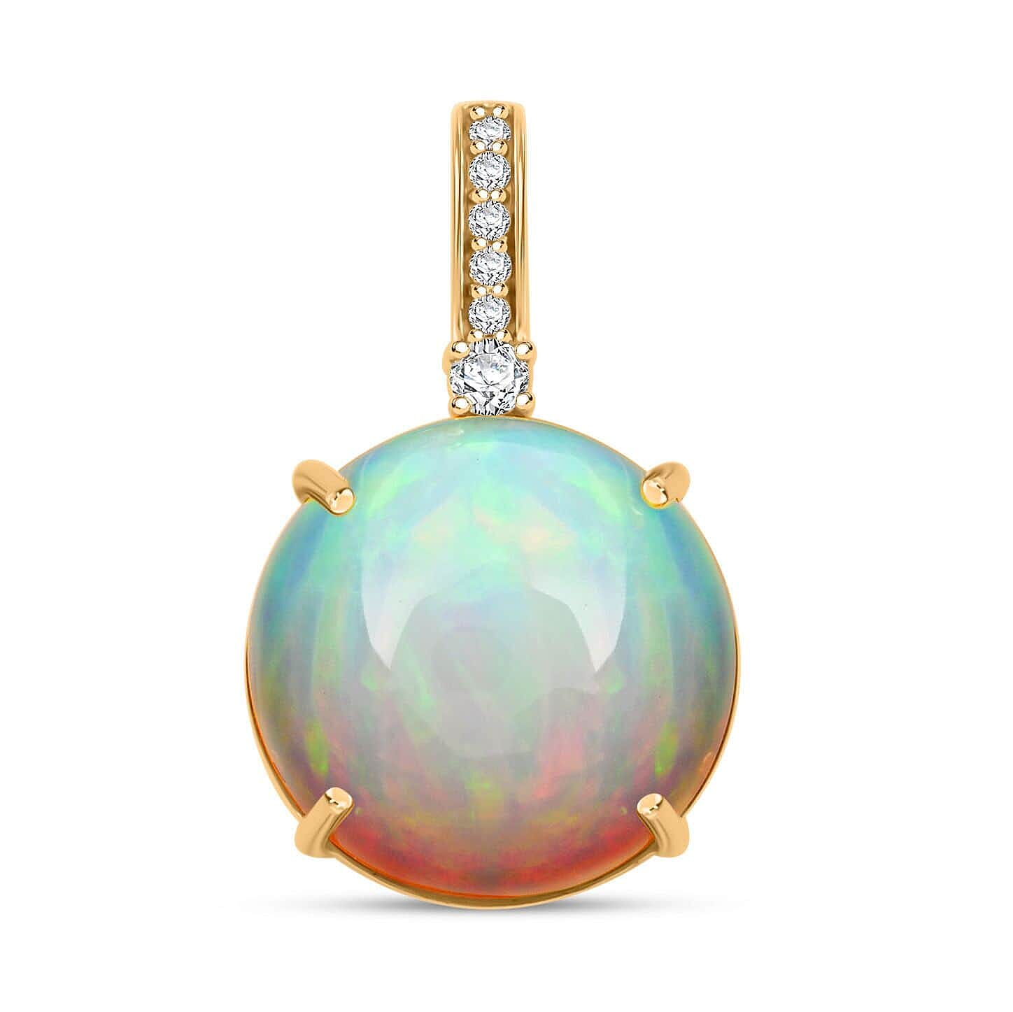 Luxoro 14K Yellow Gold AGI Certified AAA Ethiopian Opal & (I2-G-H) White Diamond Pendant 7.15 Ct.