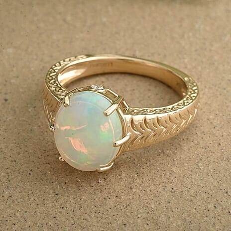 10K Yellow Gold  AAA   Ethiopian Opal ,  White Diamond  I2 Ring 2.10 ct,  Gold Wt. 4.1 Gms  2.100  Ct.