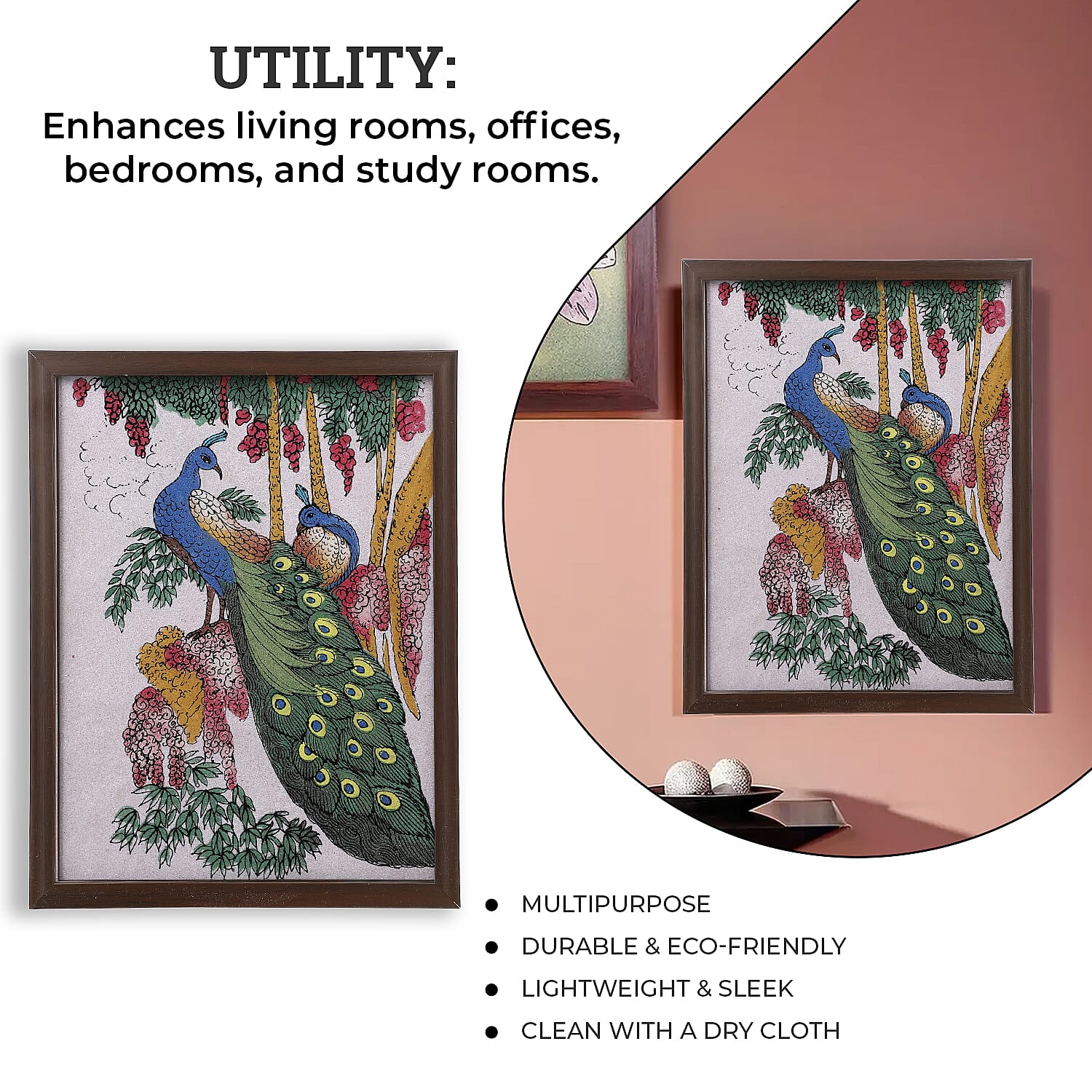 Made from Genuine Gemstone Hand Made Wall Art (Size 25x33x1 cm) - Peacock