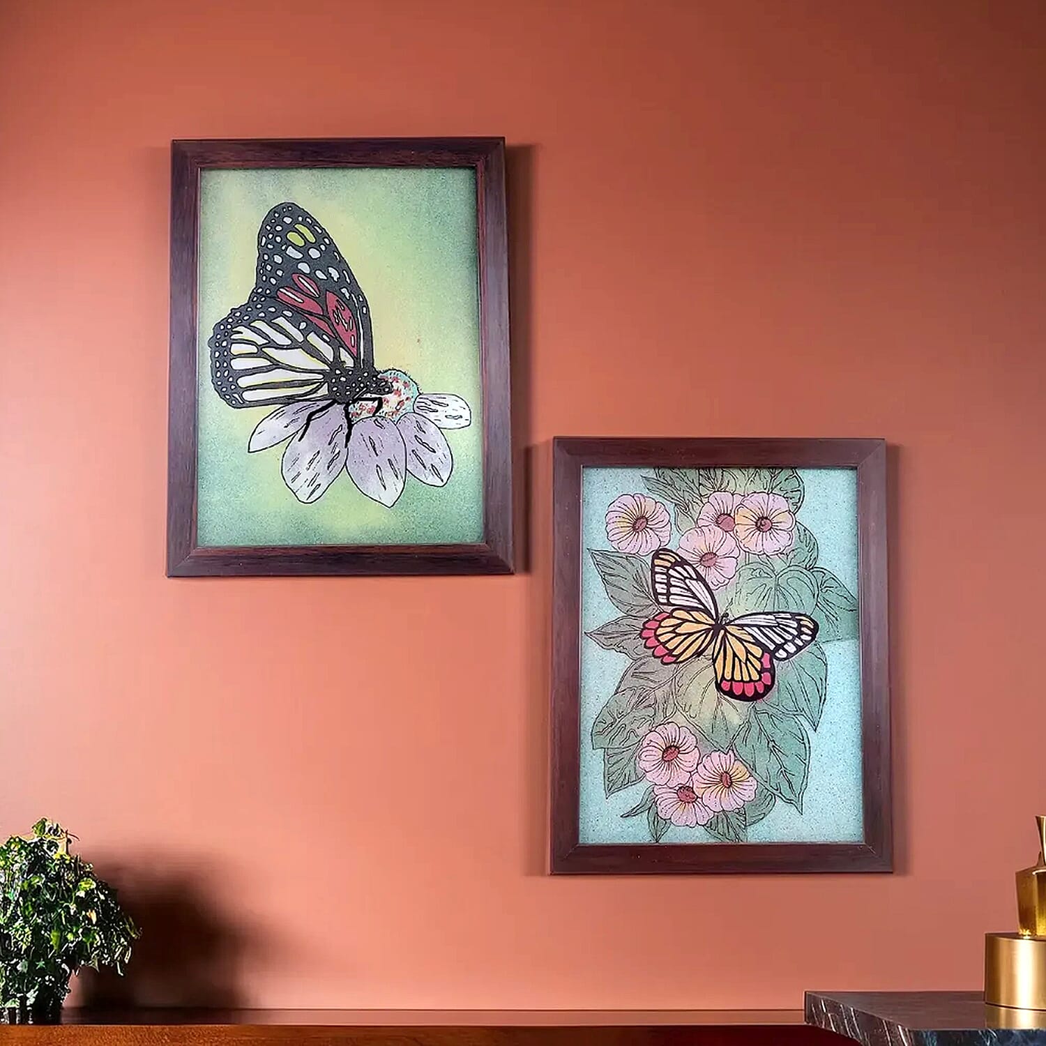 2 Pcs Set Made from Genuine Gemstone Hand Made Wall Art (Size 17x15x1 cm) - Butterly