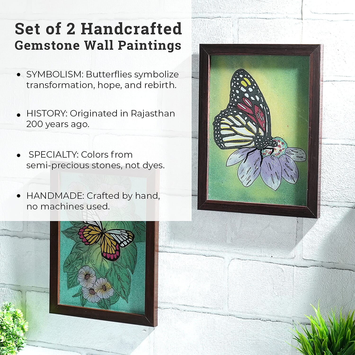 2 Pcs Set Made from Genuine Gemstone Hand Made Wall Art (Size 17x15x1 cm) - Butterly