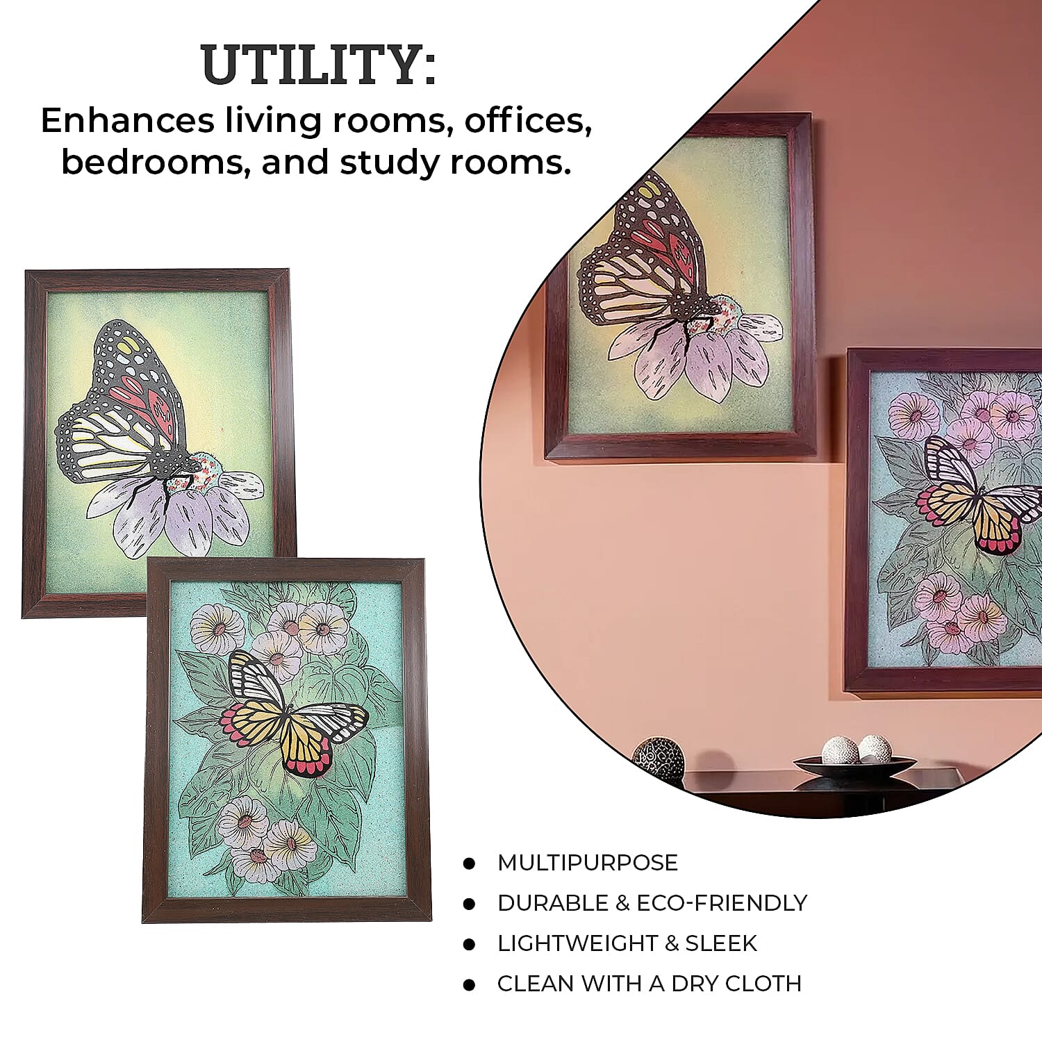 2 Pcs Set Made from Genuine Gemstone Hand Made Wall Art (Size 17x15x1 cm) - Butterly