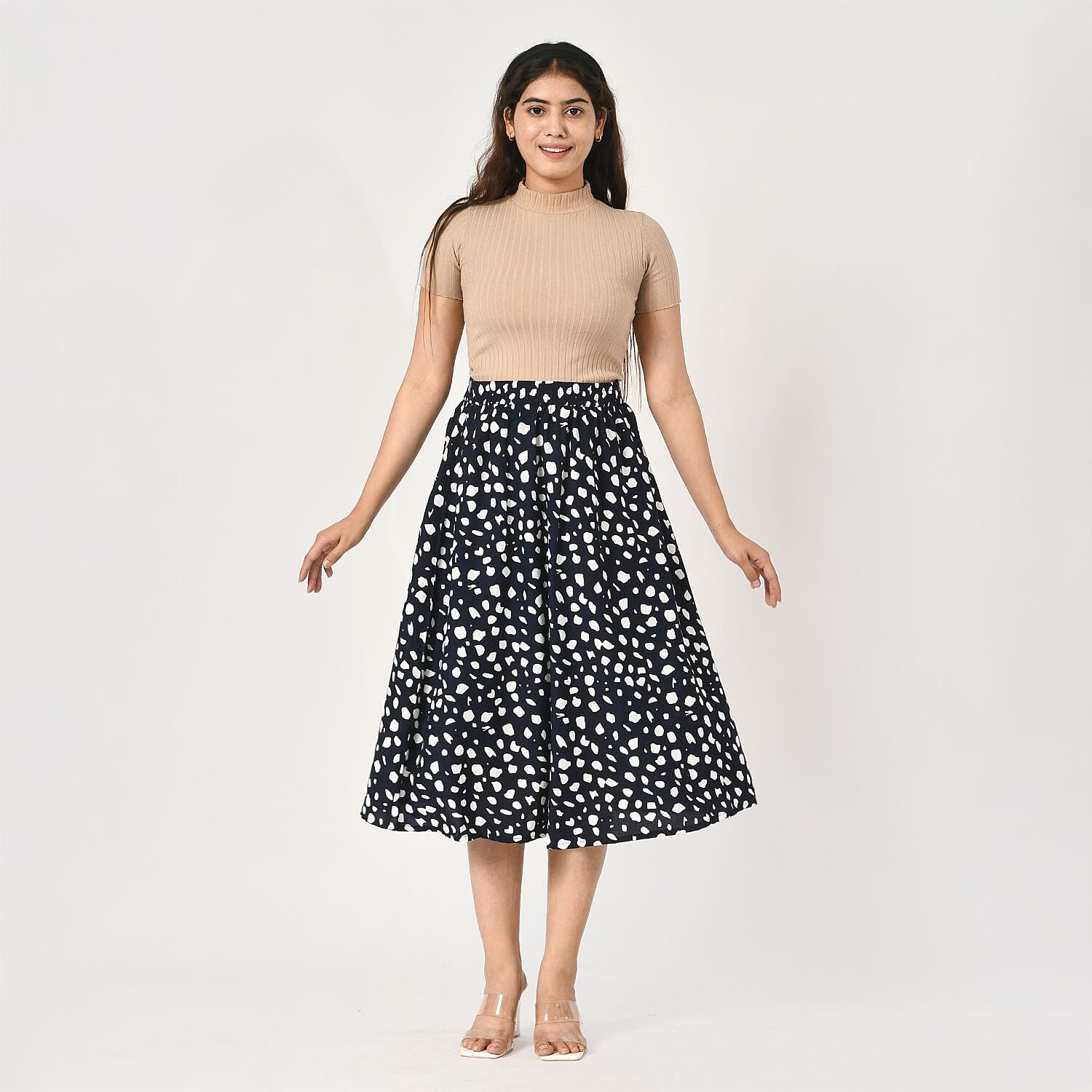 TAMSY 100% Viscose Dot Printed Skirt with Elastic Waist (Size S) - White & Black