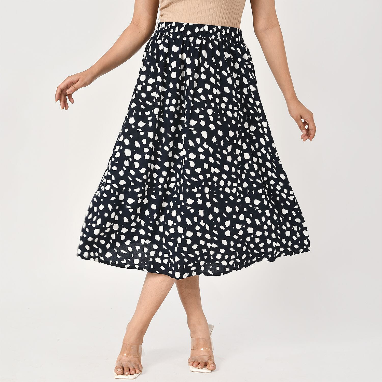 TAMSY 100% Viscose Dot Printed Skirt with Elastic Waist (Size S) - White & Black