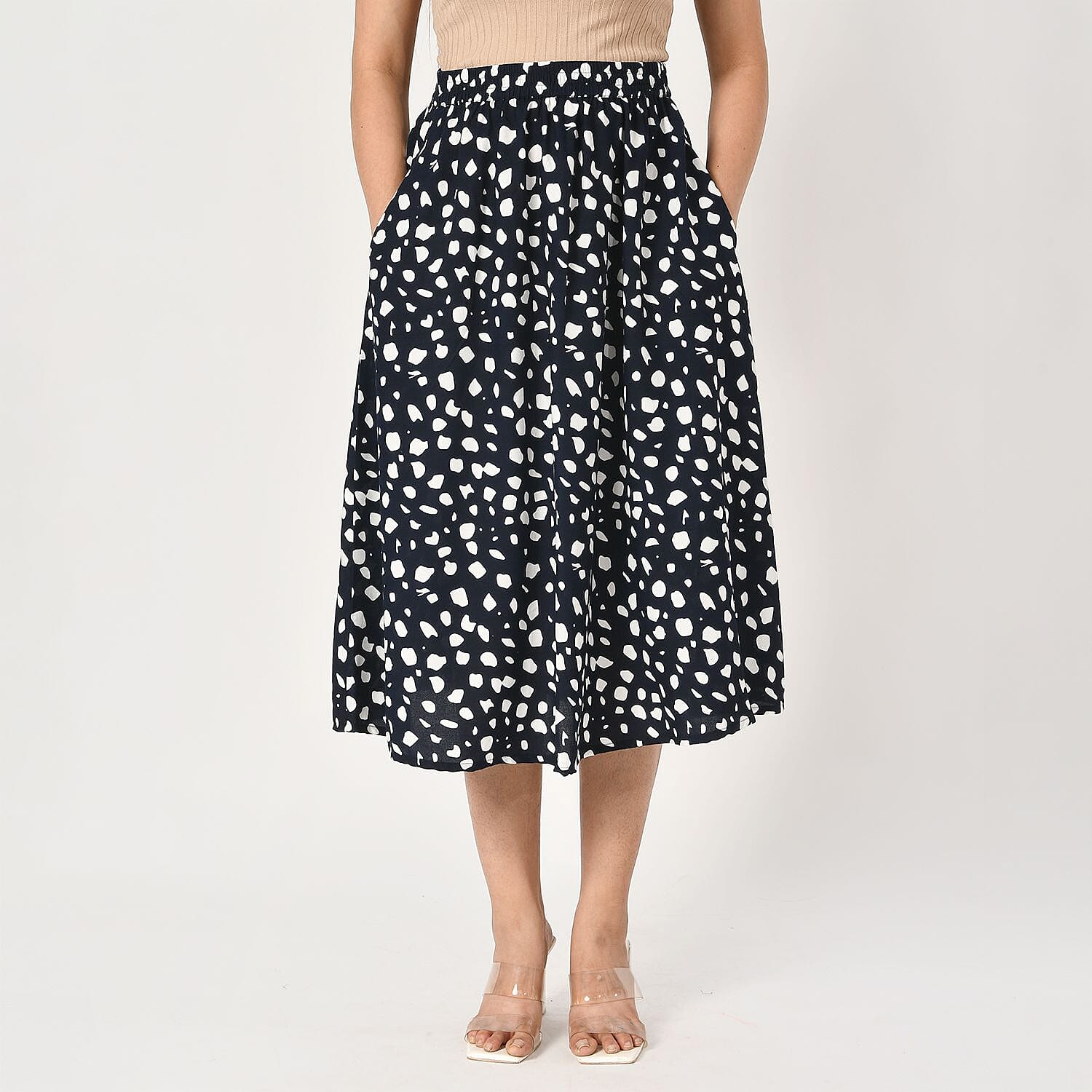 TAMSY 100% Viscose Dot Printed Skirt with Elastic Waist (Size S) - White & Black