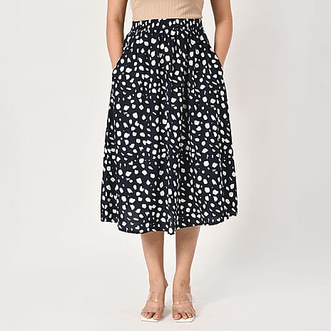 TAMSY 100% Viscose Dot Printed Skirt with Elastic Waist (Size S) - White - Black