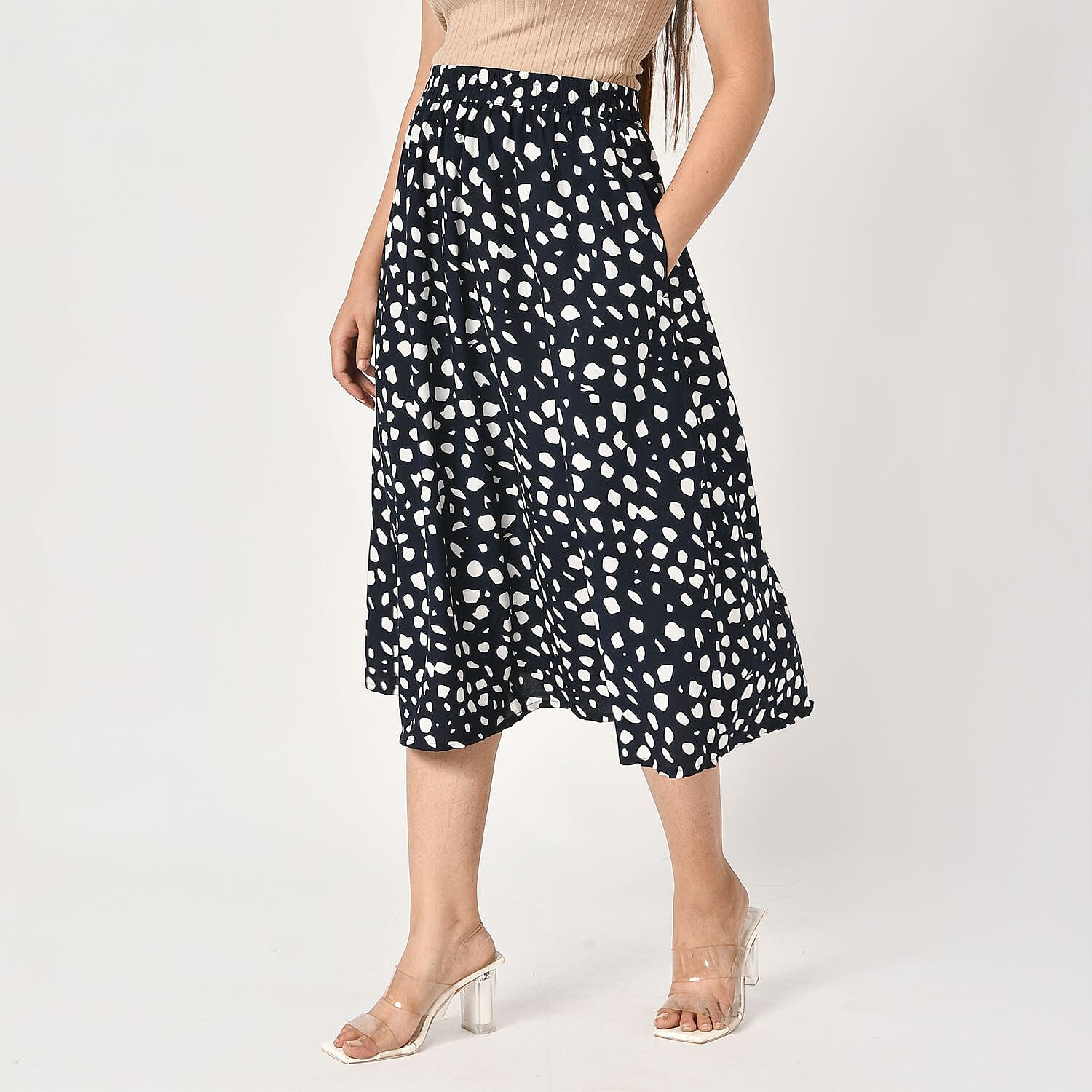 TAMSY 100% Viscose Dot Printed Skirt with Elastic Waist (Size S) - White & Black