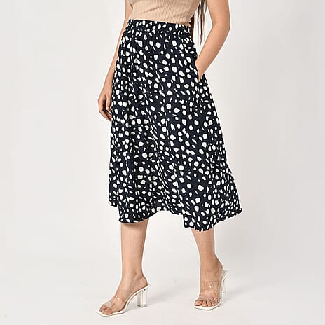 TAMSY 100% Viscose Dot Printed Skirt with Elastic Waist (Size S) - White - Black