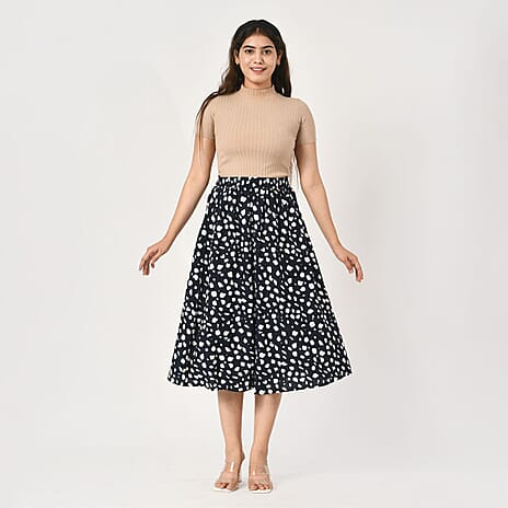 TAMSY 100% Viscose Dot Printed Skirt with Elastic Waist (Size XL) -  White - Black