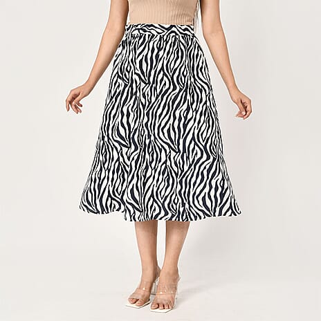 TAMSY 100% Viscose Zebra Pattern Skirt with Elastic Waist (Size S) - Off White - Navy
